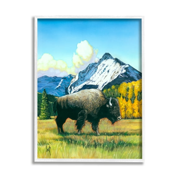 Stupell Industries Bison Rural Mountain Painting Animals & Insects Painting White Framed Art Print Wall Art, 24 x 30