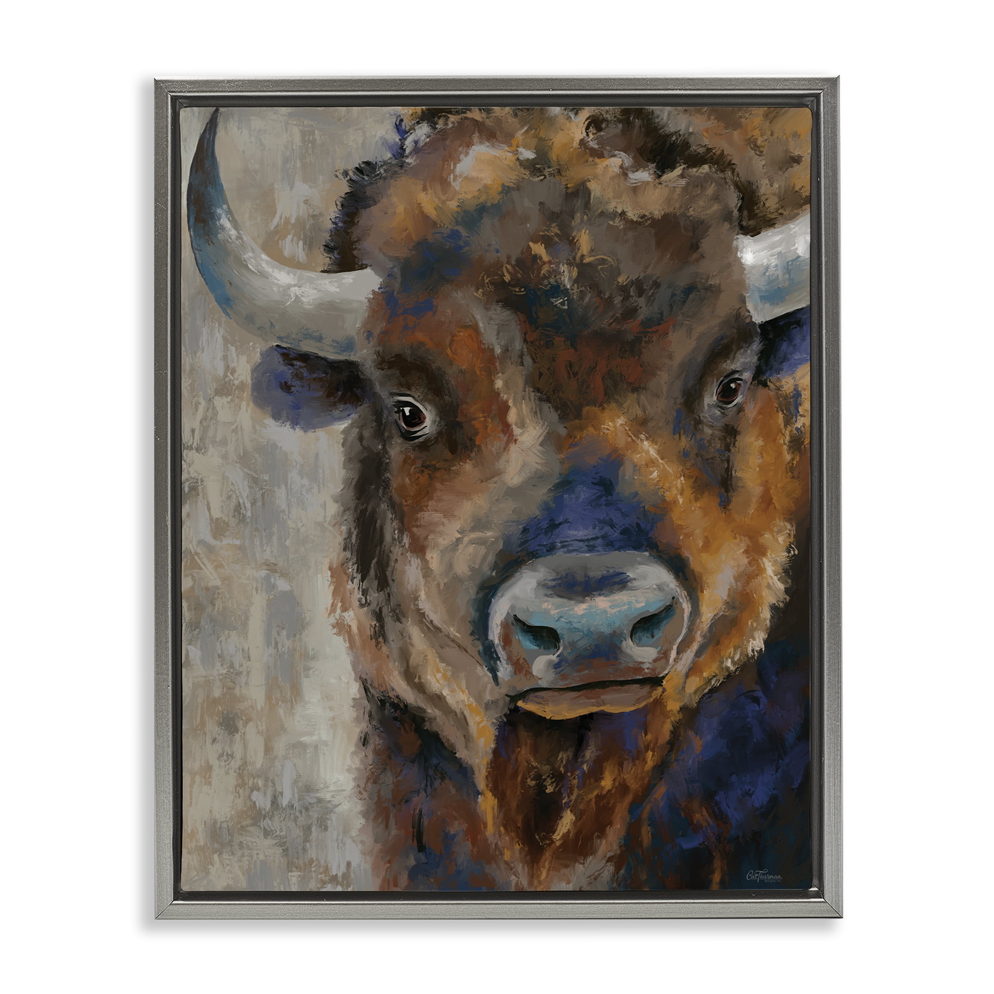 Stupell Industries Bison Rustic Portrait Animals & Insects Painting Gray Floater Framed Canvas Art Print Wall Art, 17 x 21