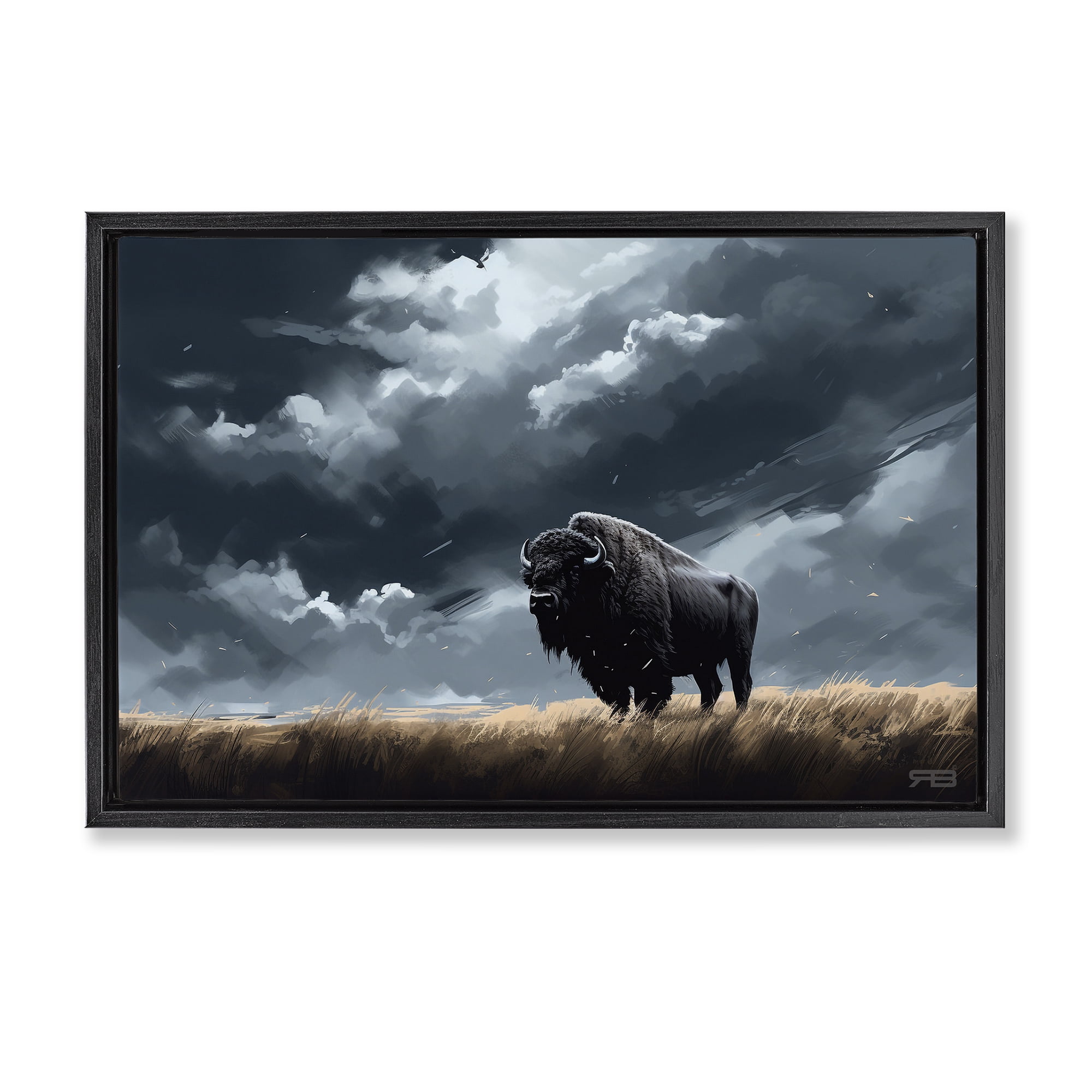 Stupell Industries Bison Silhouette with Clouds Landscape Painting Black Floater Framed Canvas Art Print Wall Art, 31 x 21
