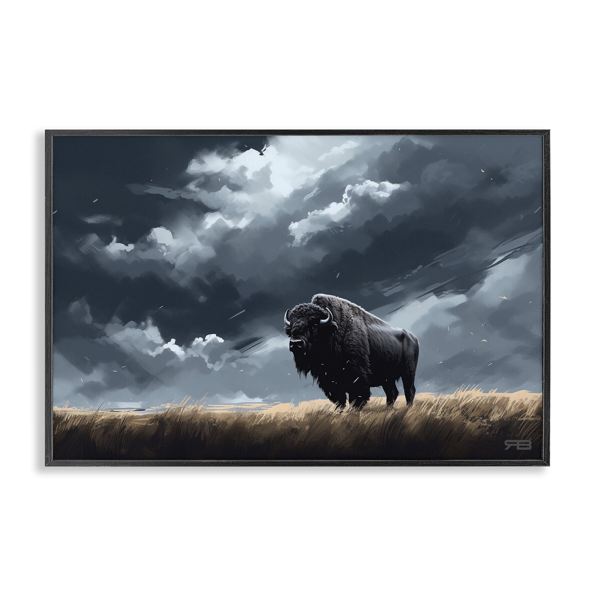 Stupell Industries Bison Silhouette with Clouds Landscape Painting Black Framed Art Print Wall Art, 30 x 20