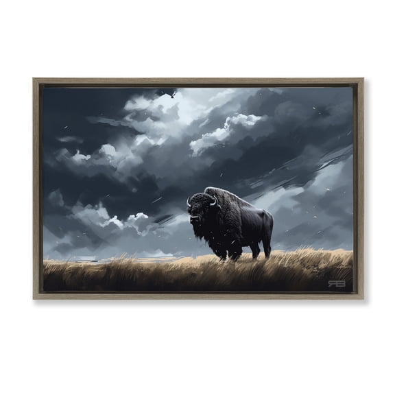 Stupell Industries Bison Silhouette with Clouds Landscape Painting Brown Floater Framed Canvas Art Print Wall Art, 31 x 21