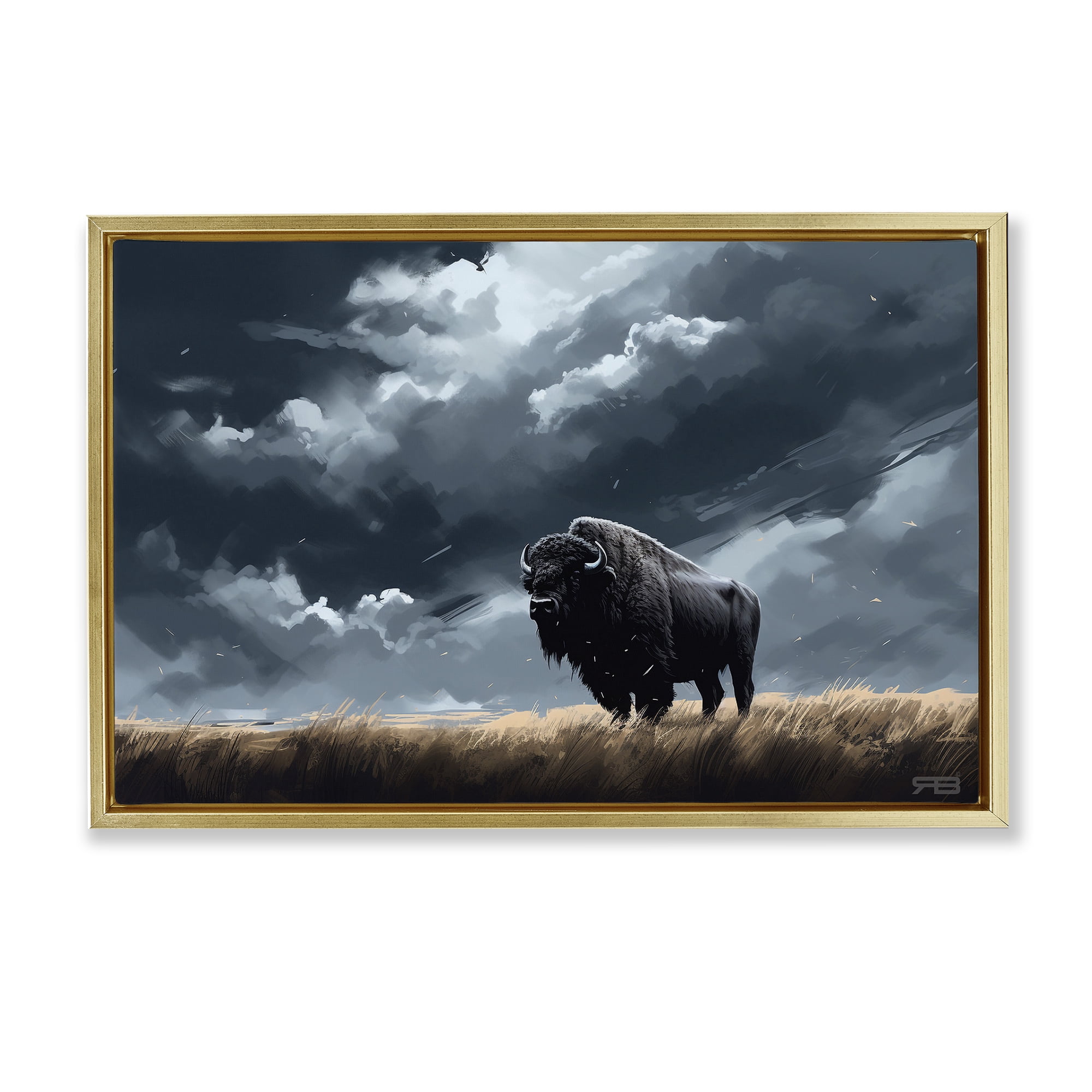 Stupell Industries Bison Silhouette with Clouds Landscape Painting Gold Floater Framed Canvas Art Print Wall Art, 31 x 21