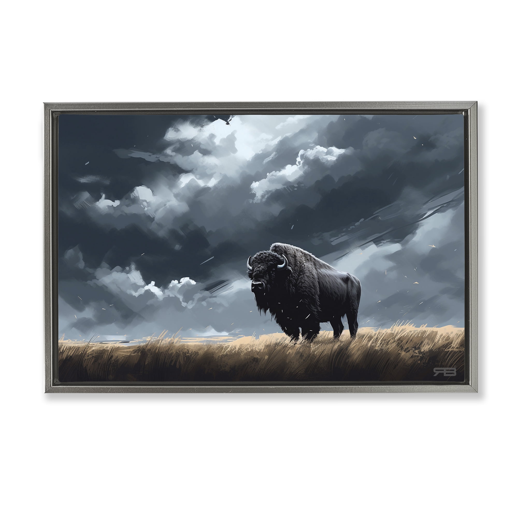 Stupell Industries Bison Silhouette with Clouds Landscape Painting Gray Floater Framed Canvas Art Print Wall Art, 31 x 21