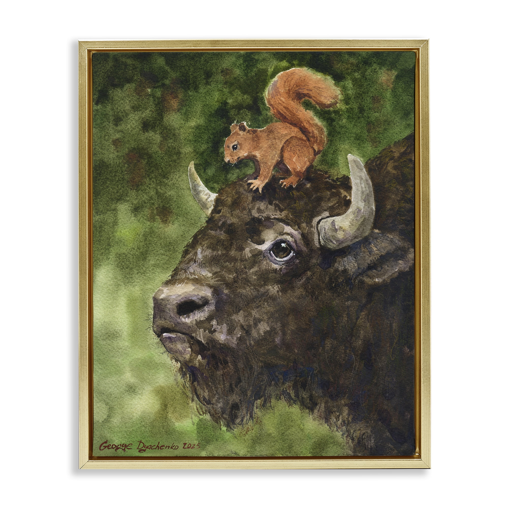 Stupell Industries Bison & Squirrel Duo Gold Framed Floater Canvas Wall Art, design by George Dyachenko