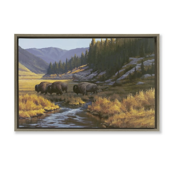 Stupell Industries Bison Trailing Serene Stream Landscape & Nature Painting Brown Floater Framed Canvas Art Print Wall Art, 25 x 17