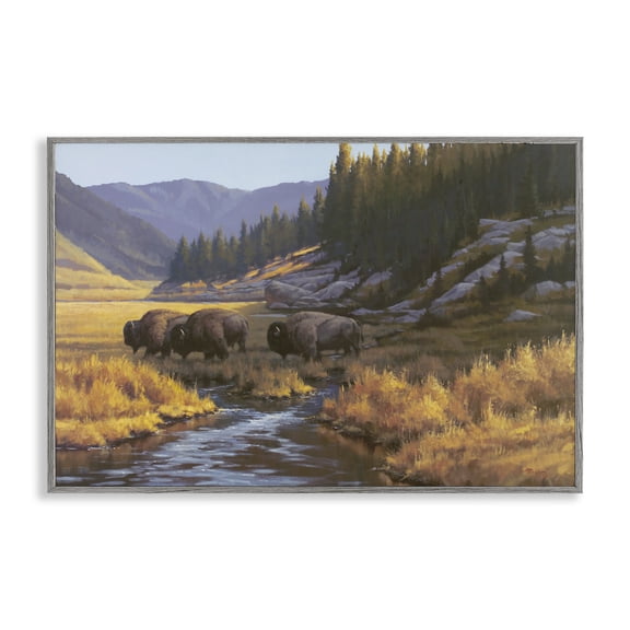 Stupell Industries Bison Trailing Serene Stream Landscape & Nature Painting Gray Framed Art Print Wall Art, 18 x 12