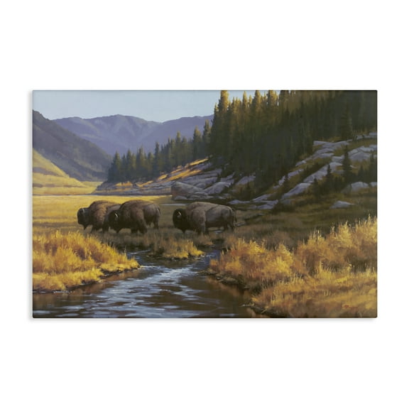 Stupell Industries Bison Trailing Serene Stream Landscape & Nature Painting Wrapped Canvas Canvas Art Print Wall Art, 36 x 24