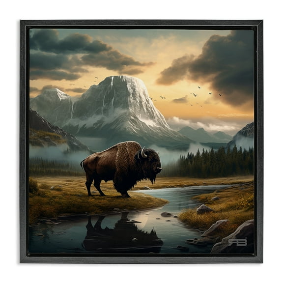 Stupell Industries Bison & Vast Mountains Landscape & Nature Painting Black Floater Framed Canvas Art Print Wall Art, 18 x 18