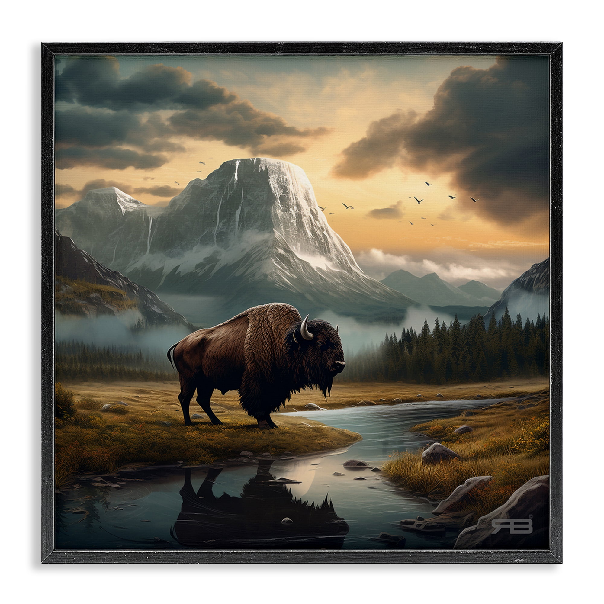Stupell Industries Bison & Vast Mountains Landscape & Nature Painting Black Framed Art Print Wall Art, 24 x 24