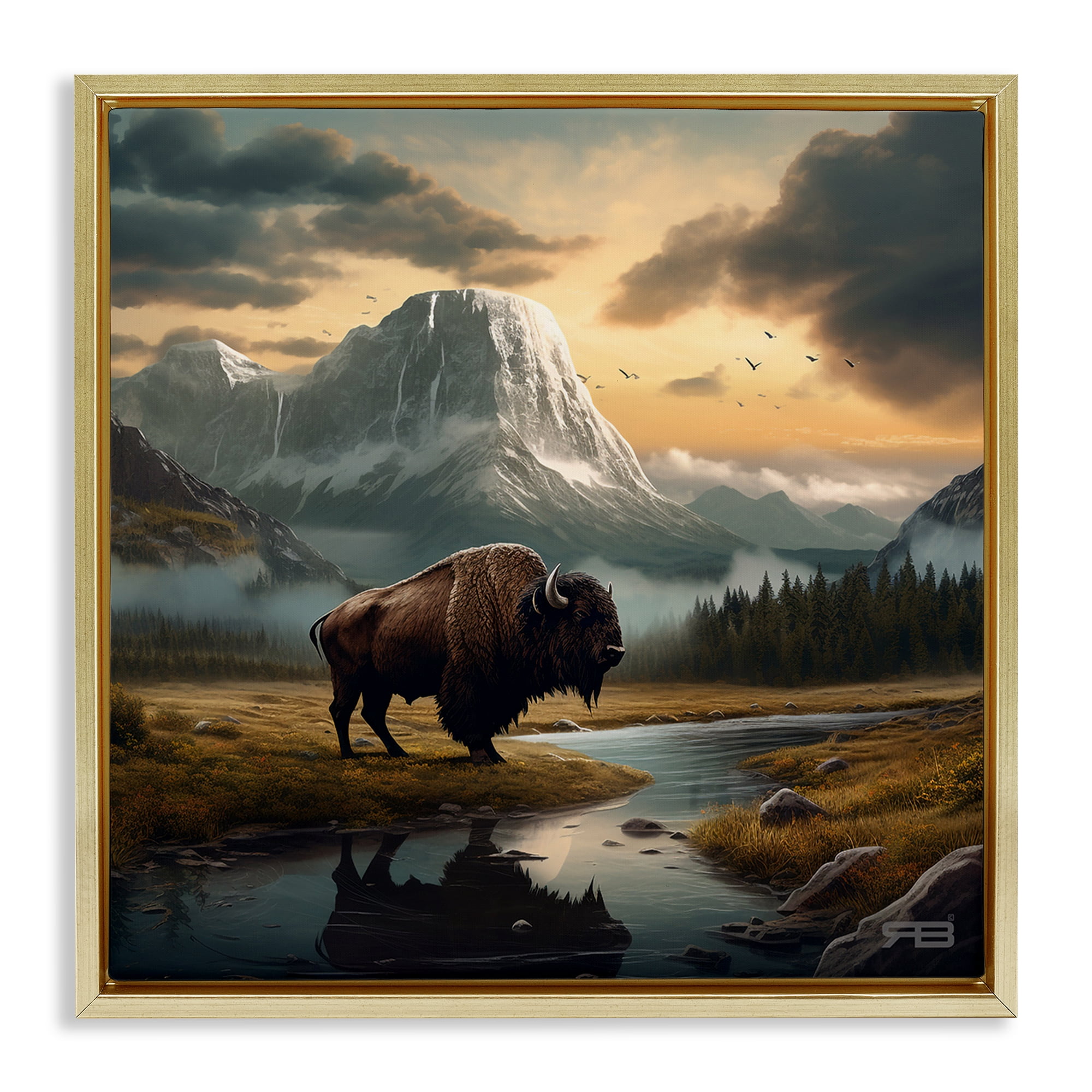 Stupell Industries Bison & Vast Mountains Landscape & Nature Painting Gold Floater Framed Canvas Art Print Wall Art, 18 x 18