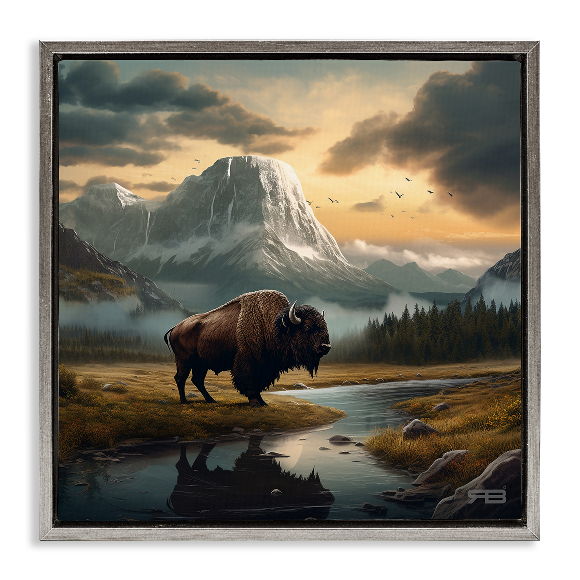 Stupell Industries Bison & Vast Mountains Landscape & Nature Painting Gray Floater Framed Canvas Art Print Wall Art, 18 x 18