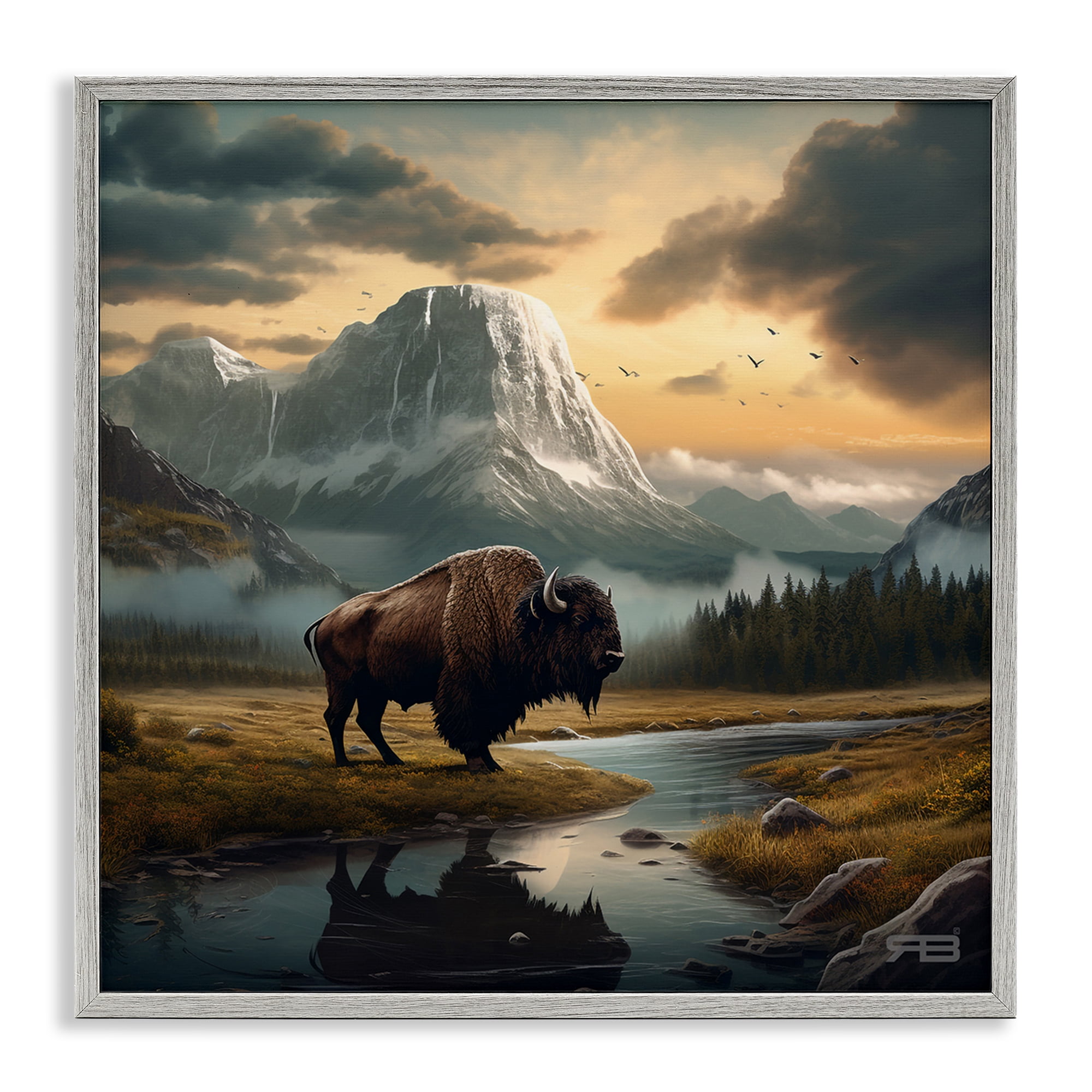 Stupell Industries Bison & Vast Mountains Landscape & Nature Painting Gray Framed Art Print Wall Art, 24 x 24