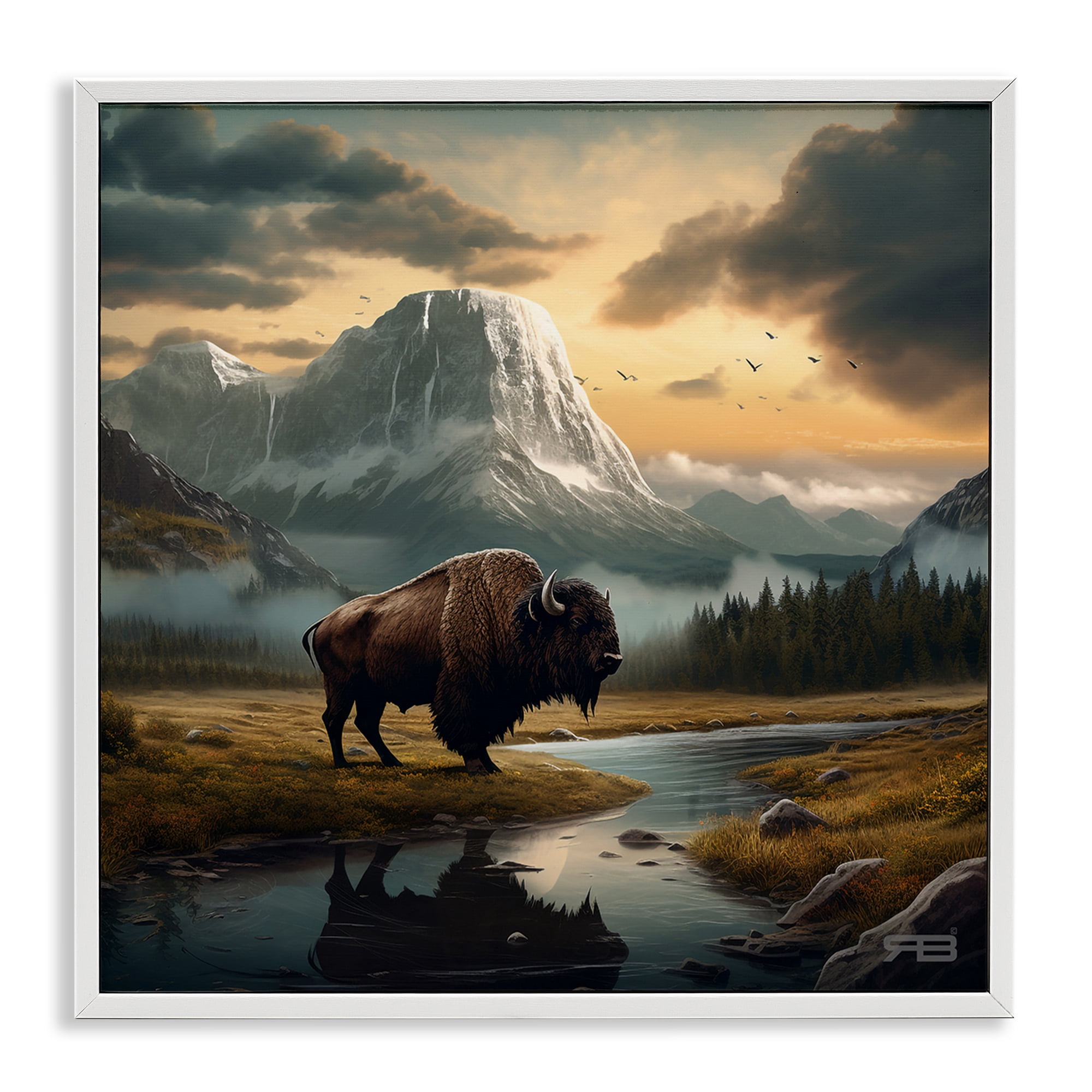 Stupell Industries Bison & Vast Mountains Landscape & Nature Painting White Framed Art Print Wall Art, 17 x 17