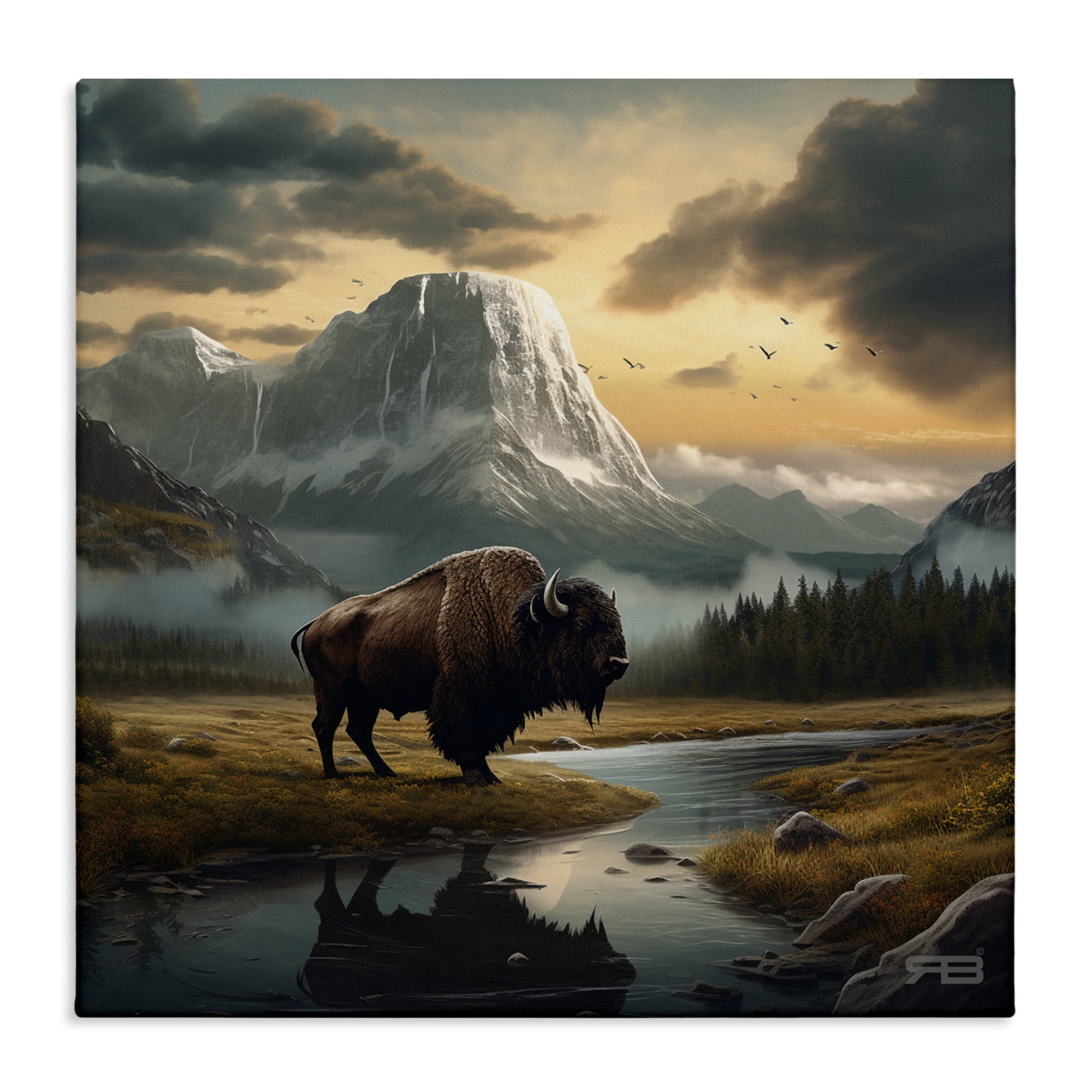 Stupell Industries Bison & Vast Mountains Landscape & Nature Painting Wrapped Canvas Art Print Wall Art, 36 x 36