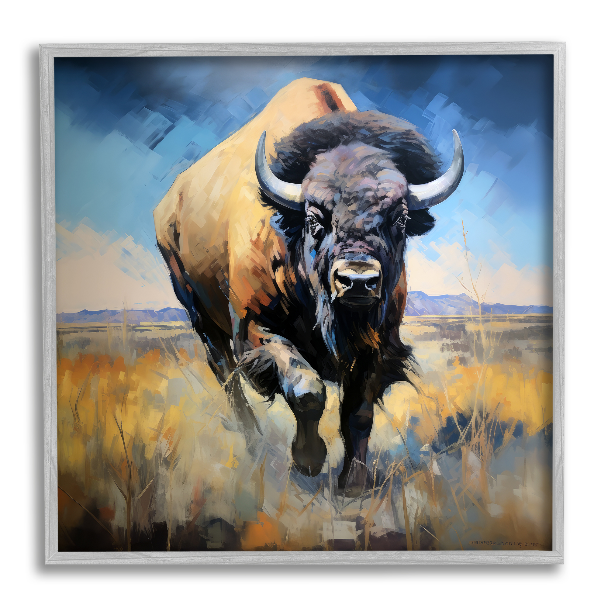Stupell Industries Bison in Country Field Animals & Insects Painting Gray Framed Art Print Wall Art, 17 x 17