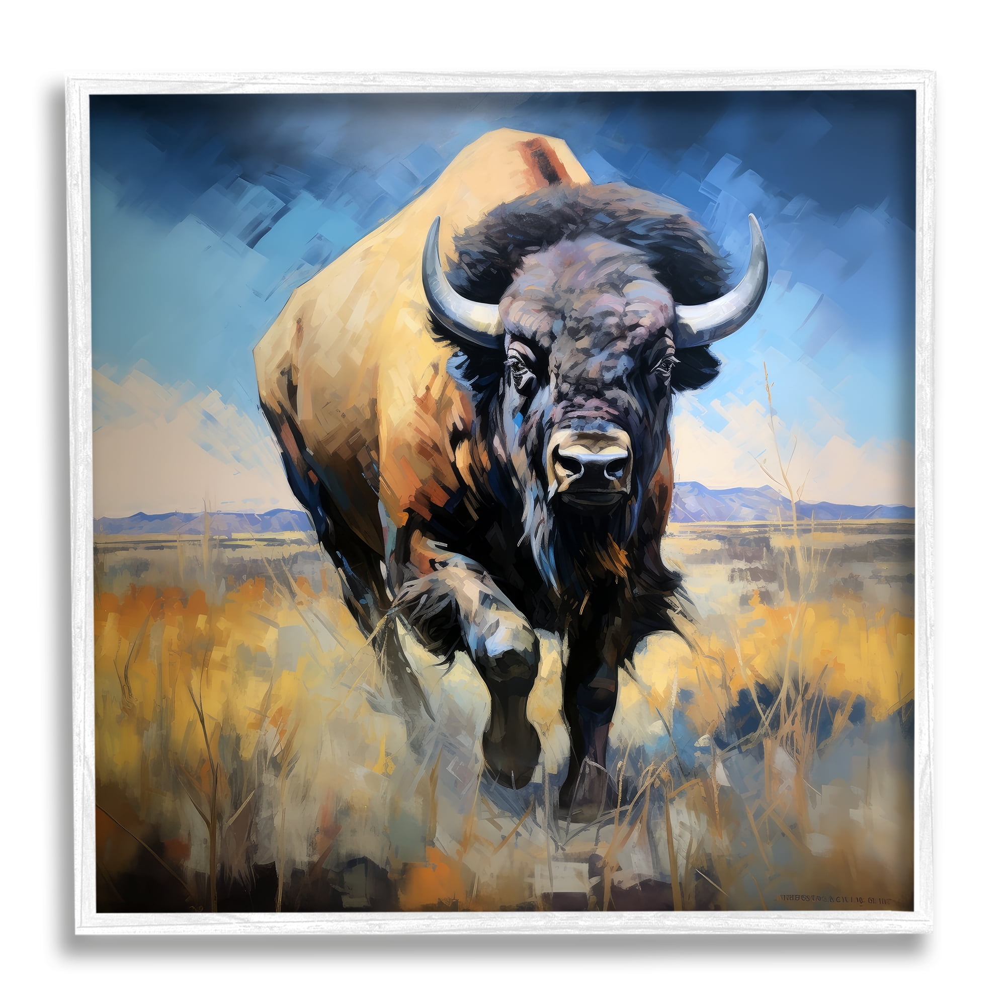 Stupell Industries Bison in Country Field Animals & Insects Painting White Framed Art Print Wall Art, 12 x 12