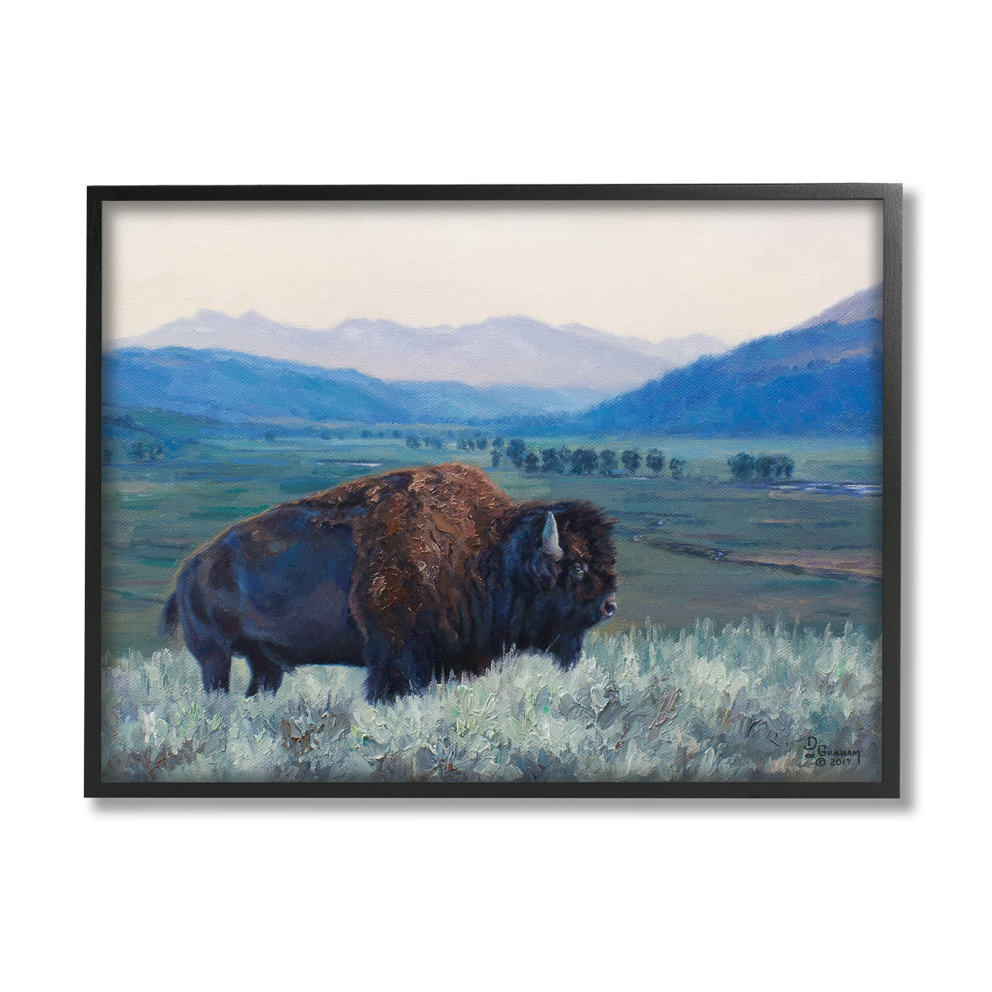 Stupell Industries Bison in Rural Landscape Animals & Insects Painting Black Framed Art Print Wall Art, 14 x 11