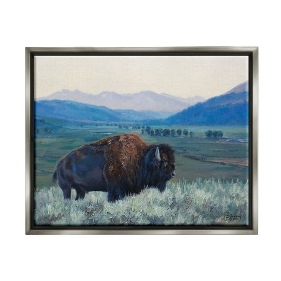 Stupell Industries Bison in Rural Landscape Animals & Insects Painting Gray Floater Framed Art Print Wall Art, 21 x 17