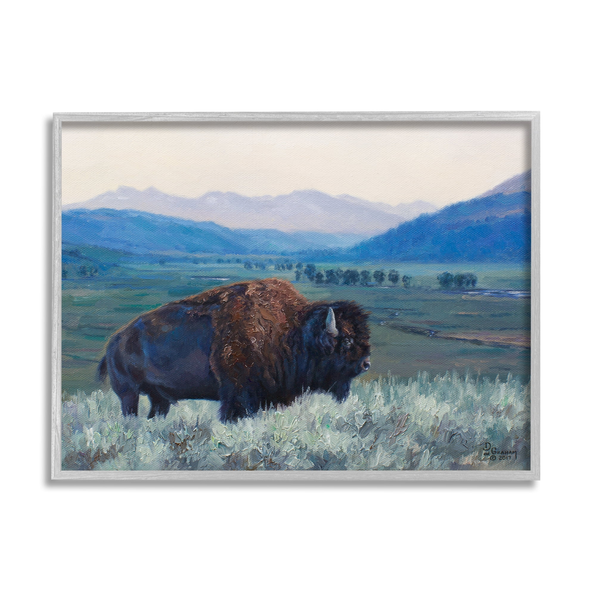 Stupell Industries Bison in Rural Landscape Animals & Insects Painting Gray Framed Art Print Wall Art, 14 x 11
