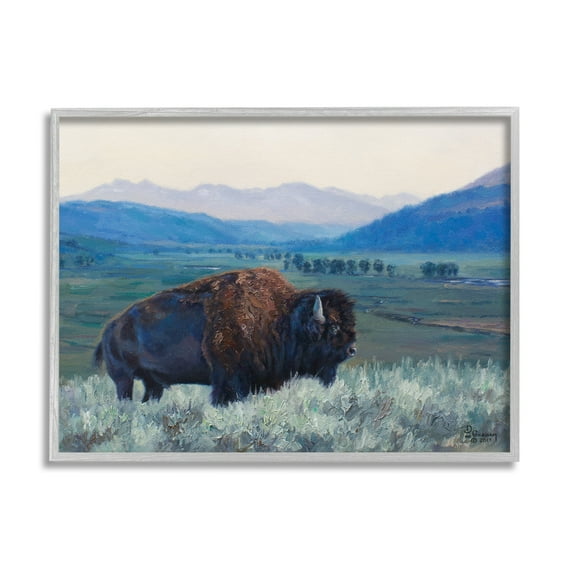 Stupell Industries Bison in Rural Landscape Animals & Insects Painting Gray Framed Art Print Wall Art, 30 x 24