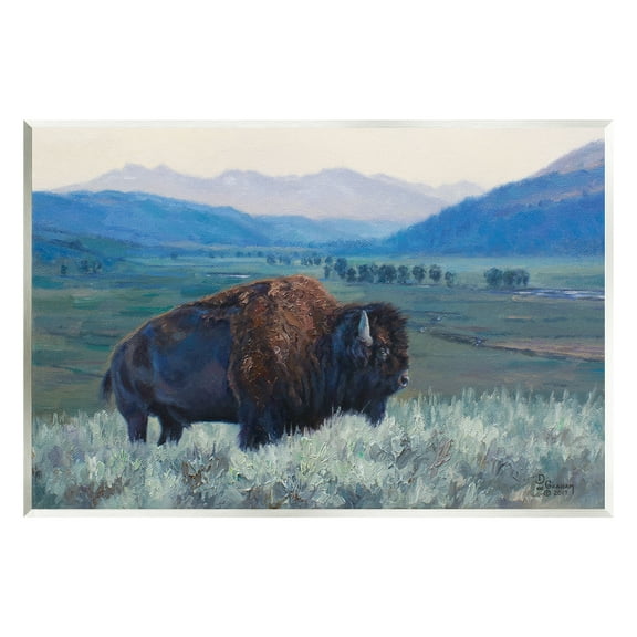 Stupell Industries Bison in Rural Landscape Animals & Insects Painting Unframed Art Print Wall Art, 19 x 13
