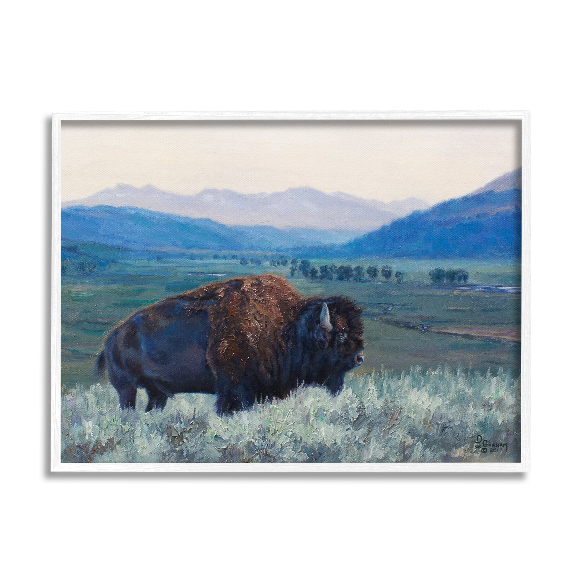 Stupell Industries Bison in Rural Landscape Animals & Insects Painting White Framed Art Print Wall Art, 20 x 16