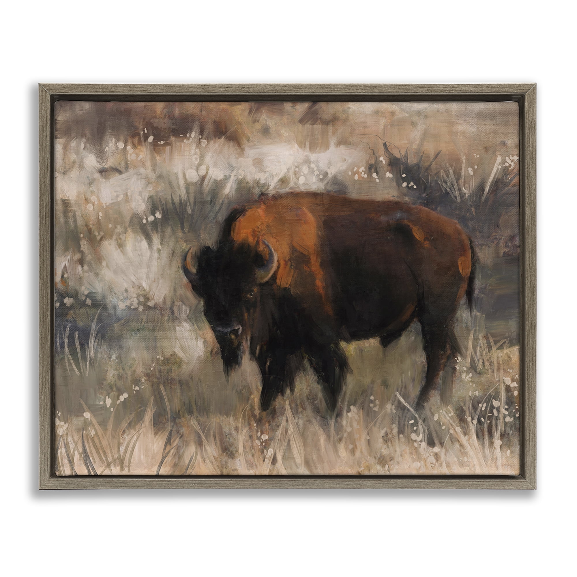 Stupell Industries Bison on the Range Animals Painting Brown Floater Framed Canvas Art Print Wall Art, 21 x 17