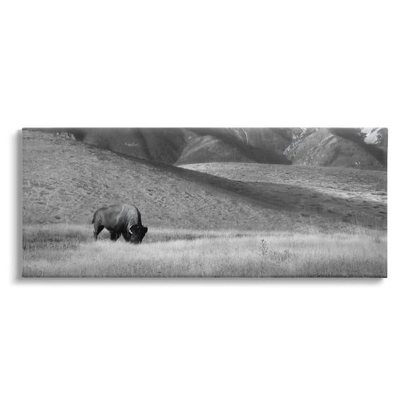 Stupell Industries Bison with Mountain Peaks Landscape Photography Gallery Wrapped Canvas Art Print Wall Art, 24 x 10