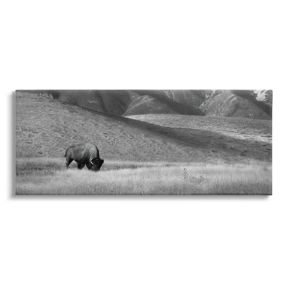 Stupell Industries Bison with Mountain Peaks Landscape Photography Gallery Wrapped Canvas Art Print Wall Art, 24 x 10