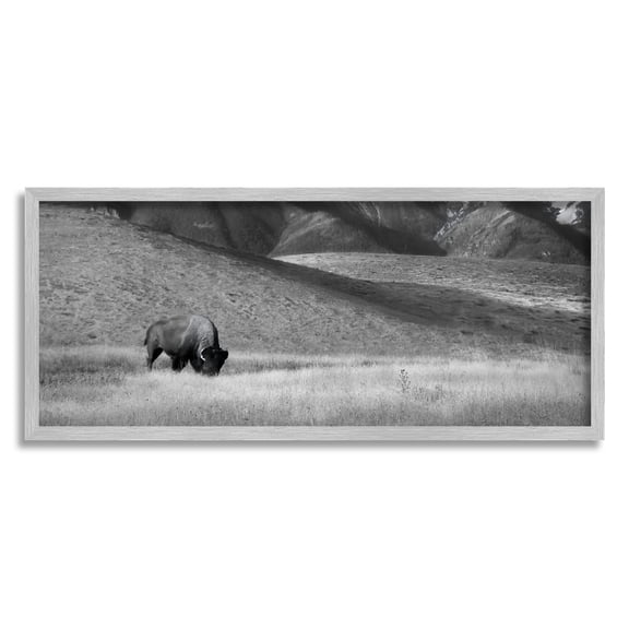 Stupell Industries Bison with Mountain Peaks Landscape Photography Gray Framed Art Print Wall Art, 24 x 10