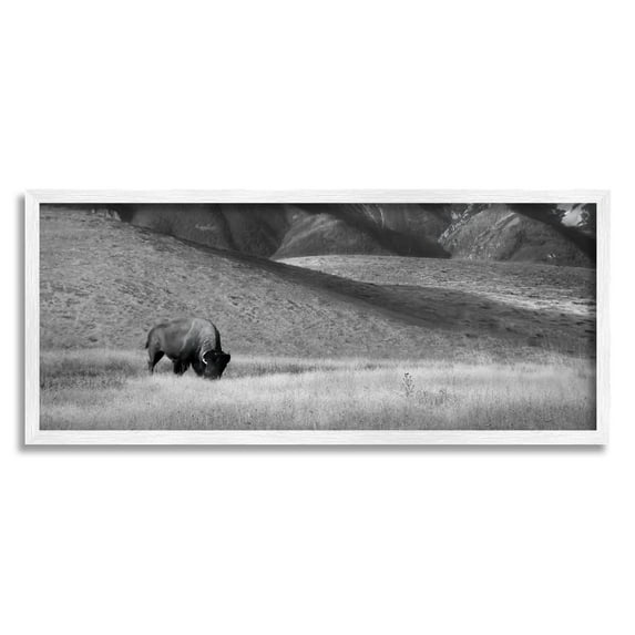 Stupell Industries Bison with Mountain Peaks Landscape Photography White Framed Art Print Wall Art, 24 x 10