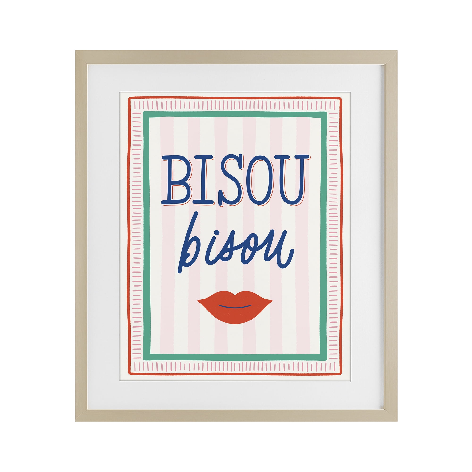 Stupell Industries Bisou Kiss over Stripes Birch Framed Print Under Glass, design by Jalynn Heerdt