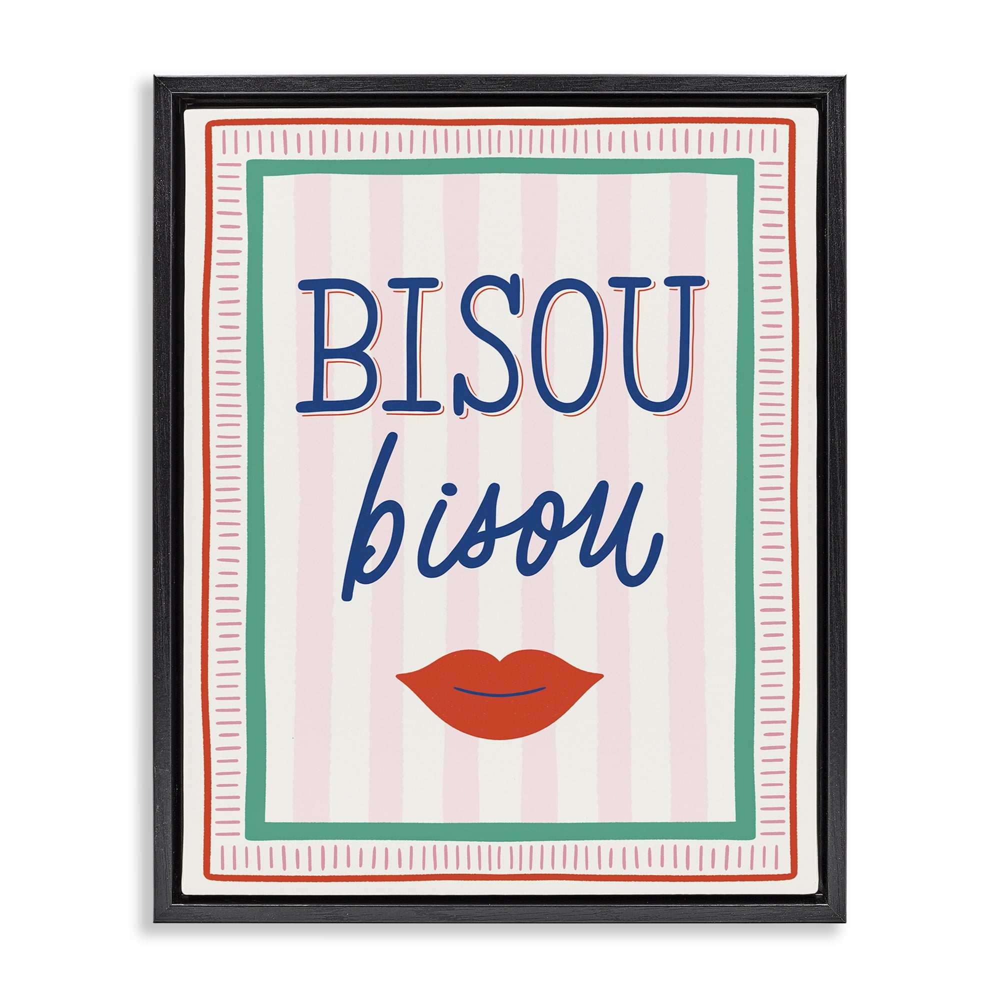 Stupell Industries Bisou Kiss over Stripes Black Framed Floater Canvas Wall Art, design by Jalynn Heerdt