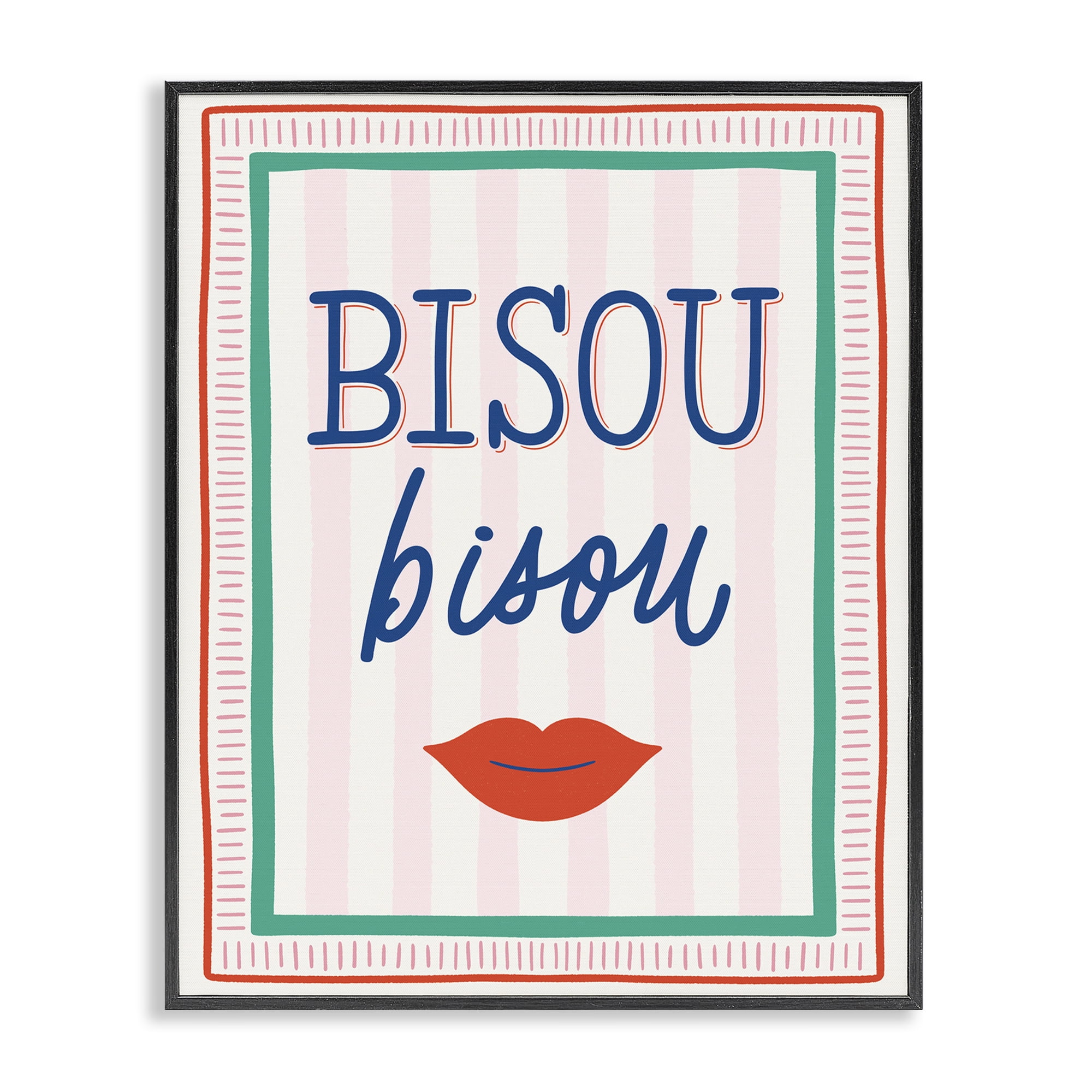 Stupell Industries Bisou Kiss over Stripes Black Framed Giclee Art, design by Jalynn Heerdt