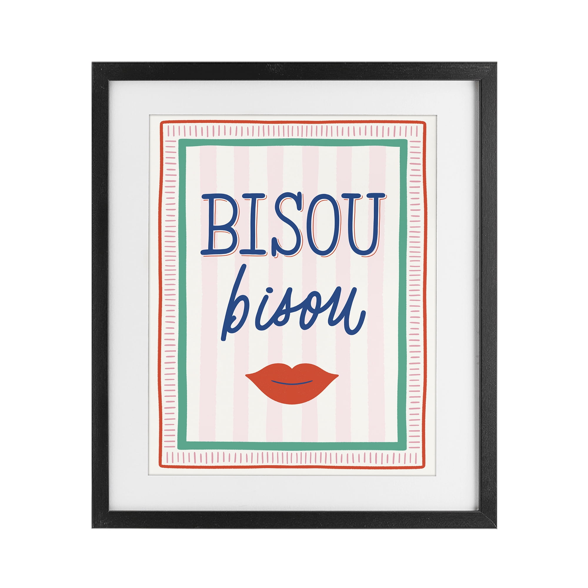 Stupell Industries Bisou Kiss over Stripes Black Framed Print Under Glass, design by Jalynn Heerdt