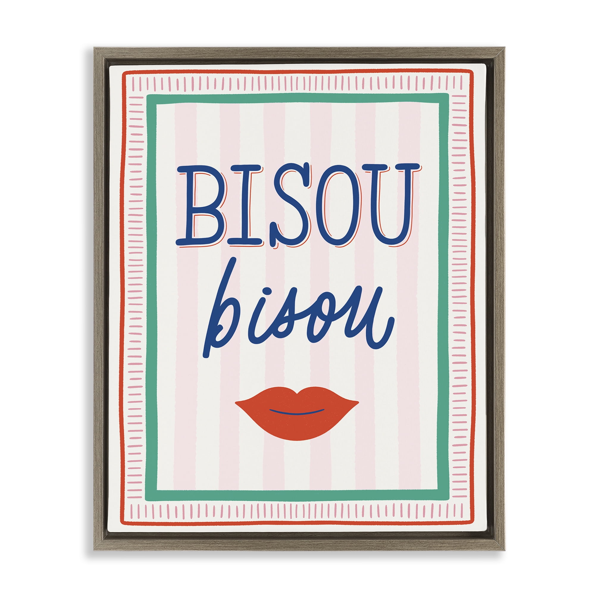 Stupell Industries Bisou Kiss over Stripes Brown Framed Floater Canvas Wall Art, design by Jalynn Heerdt