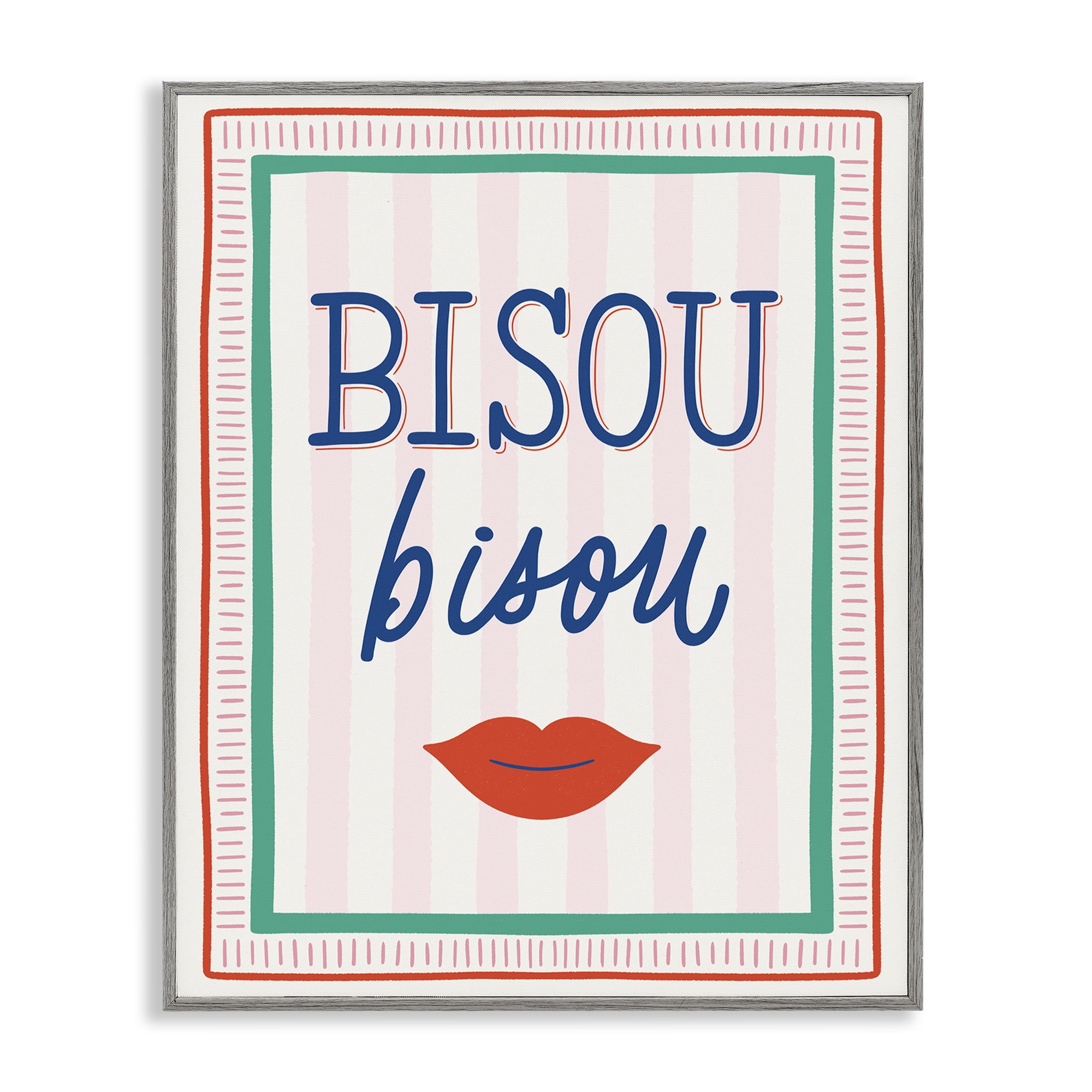Stupell Industries Bisou Kiss over Stripes Gray Framed Giclee Art, design by Jalynn Heerdt