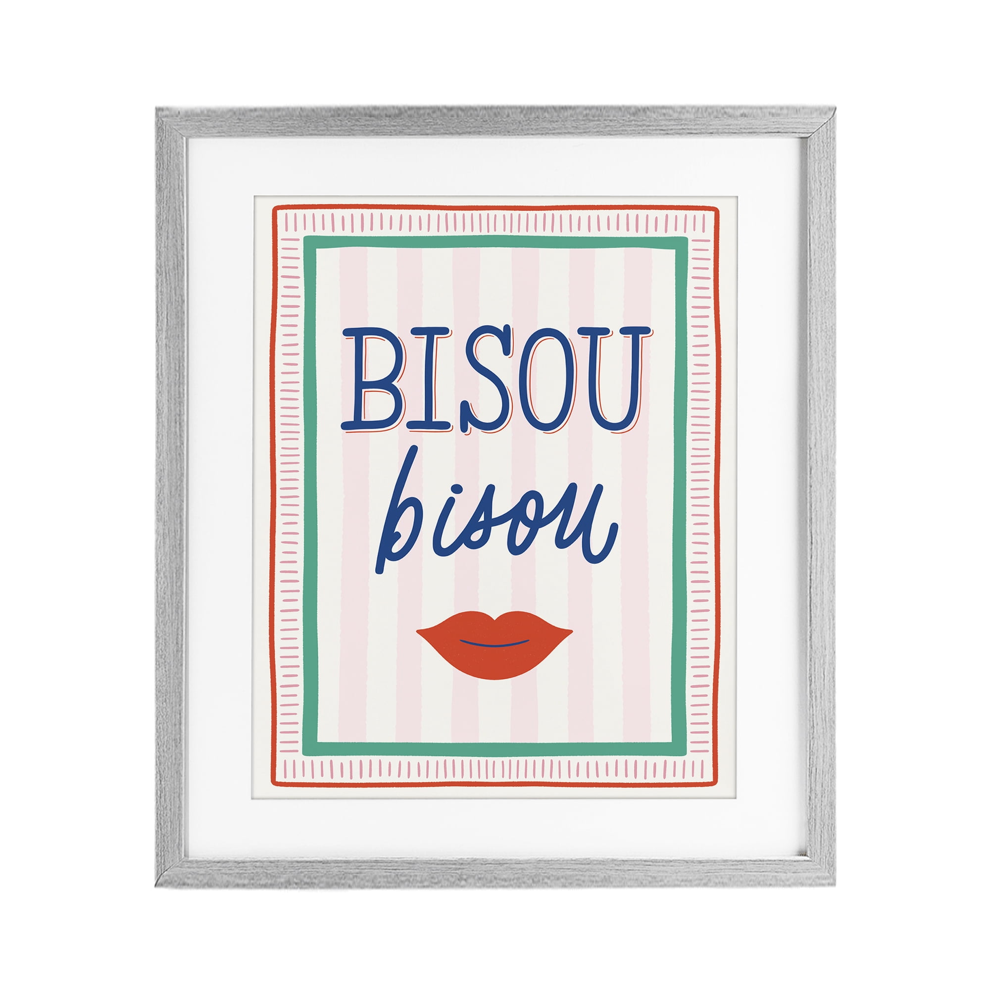 Stupell Industries Bisou Kiss over Stripes Gray Framed Print Under Glass, design by Jalynn Heerdt