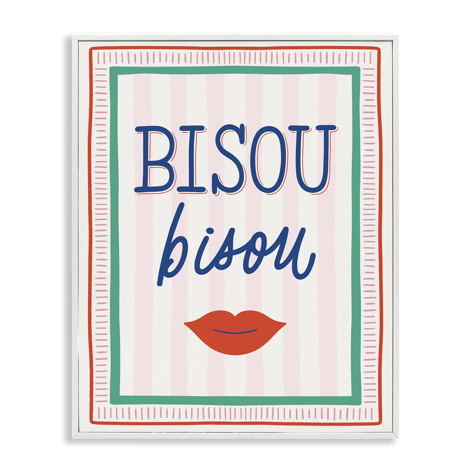 Stupell Industries Bisou Kiss over Stripes White Framed Giclee Art, design by Jalynn Heerdt