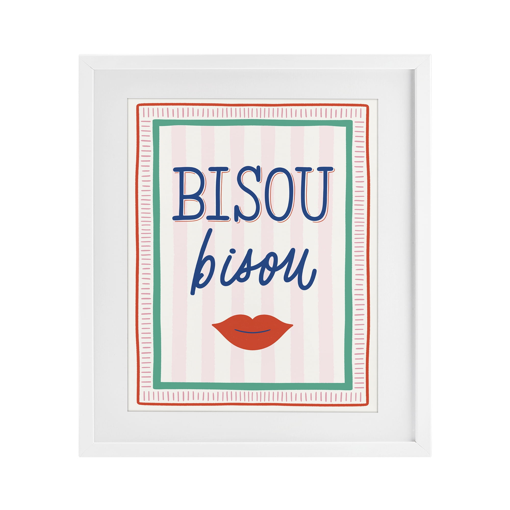 Stupell Industries Bisou Kiss over Stripes White Framed Print Under Glass, design by Jalynn Heerdt