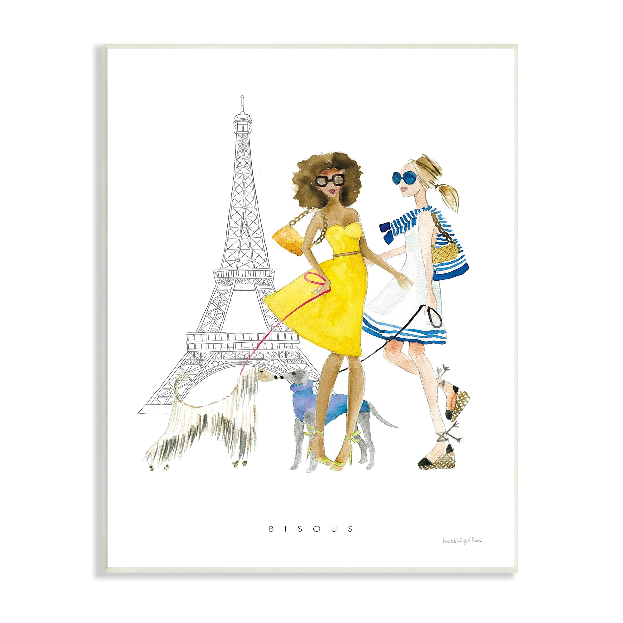 Stupell Industries Bisous Kisses Phrase Parisian Fashion Females and Dogs, 13 x 19,Design by Mercedes Lopez Charro