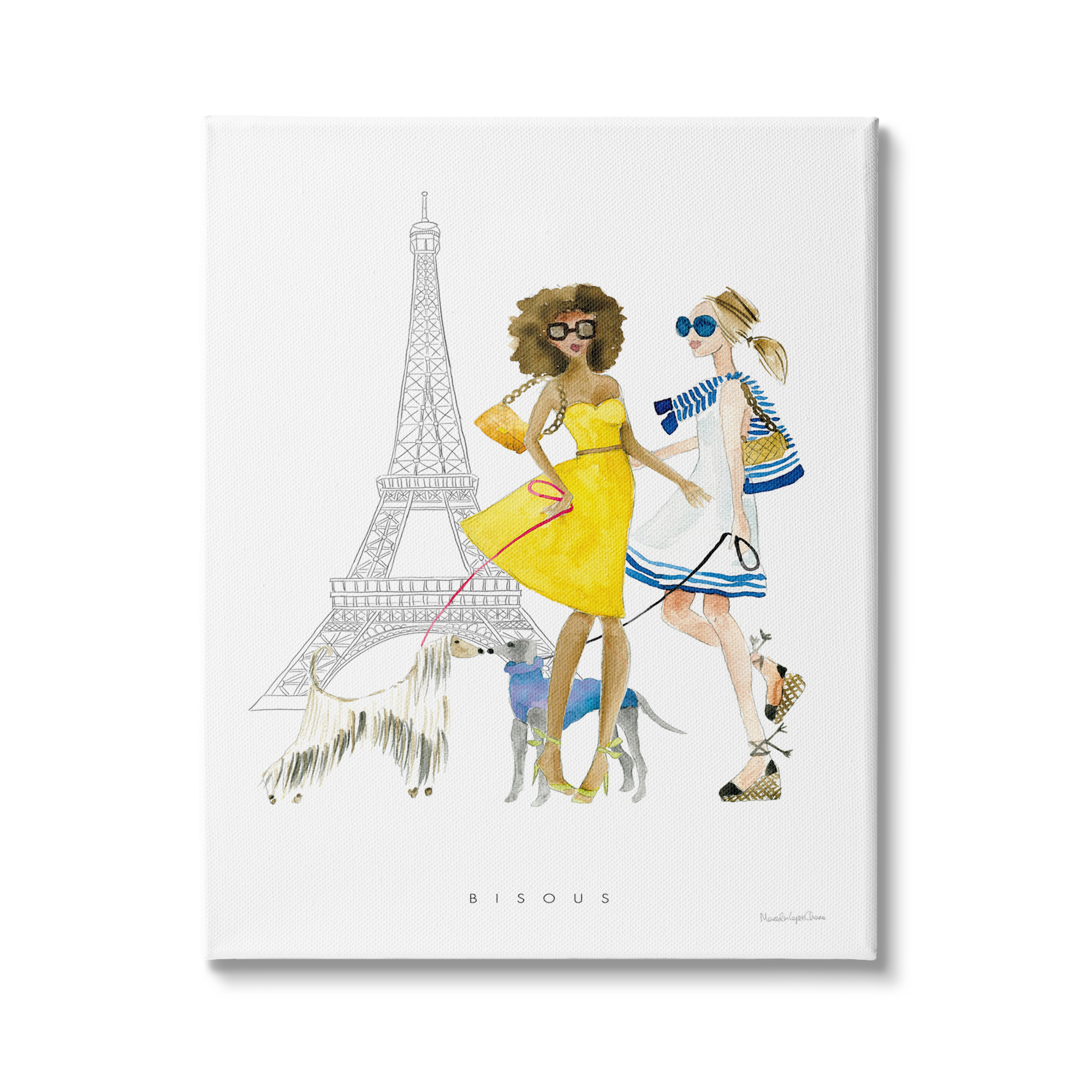 Stupell Industries Bisous Kisses Phrase Parisian Fashion Females and Dogs, 36 x 48,Design by Mercedes Lopez Charro