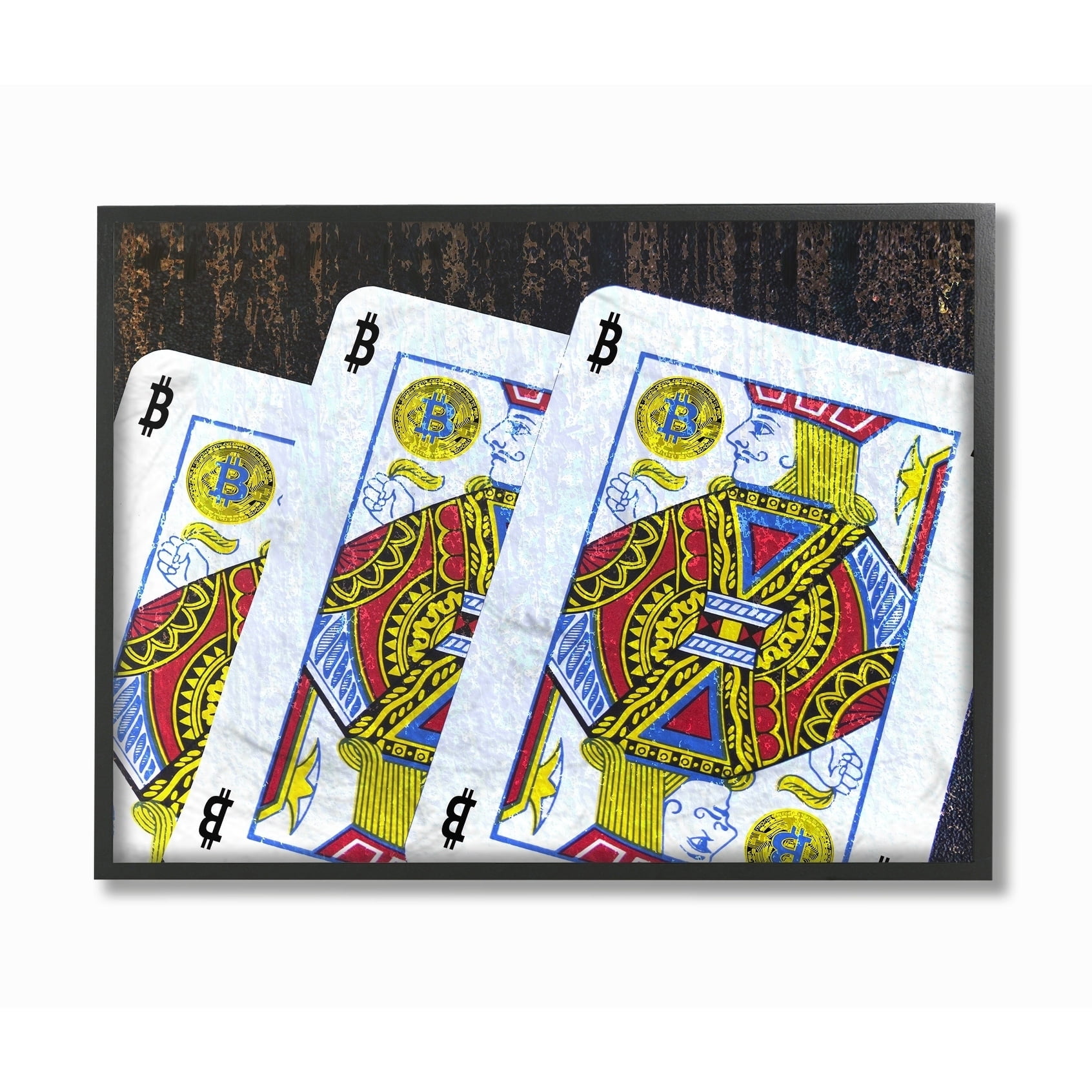 Stupell Industries Bitcoin on Playing Cards Typography Painting Black Framed Art Print Wall Art, 11 x 14