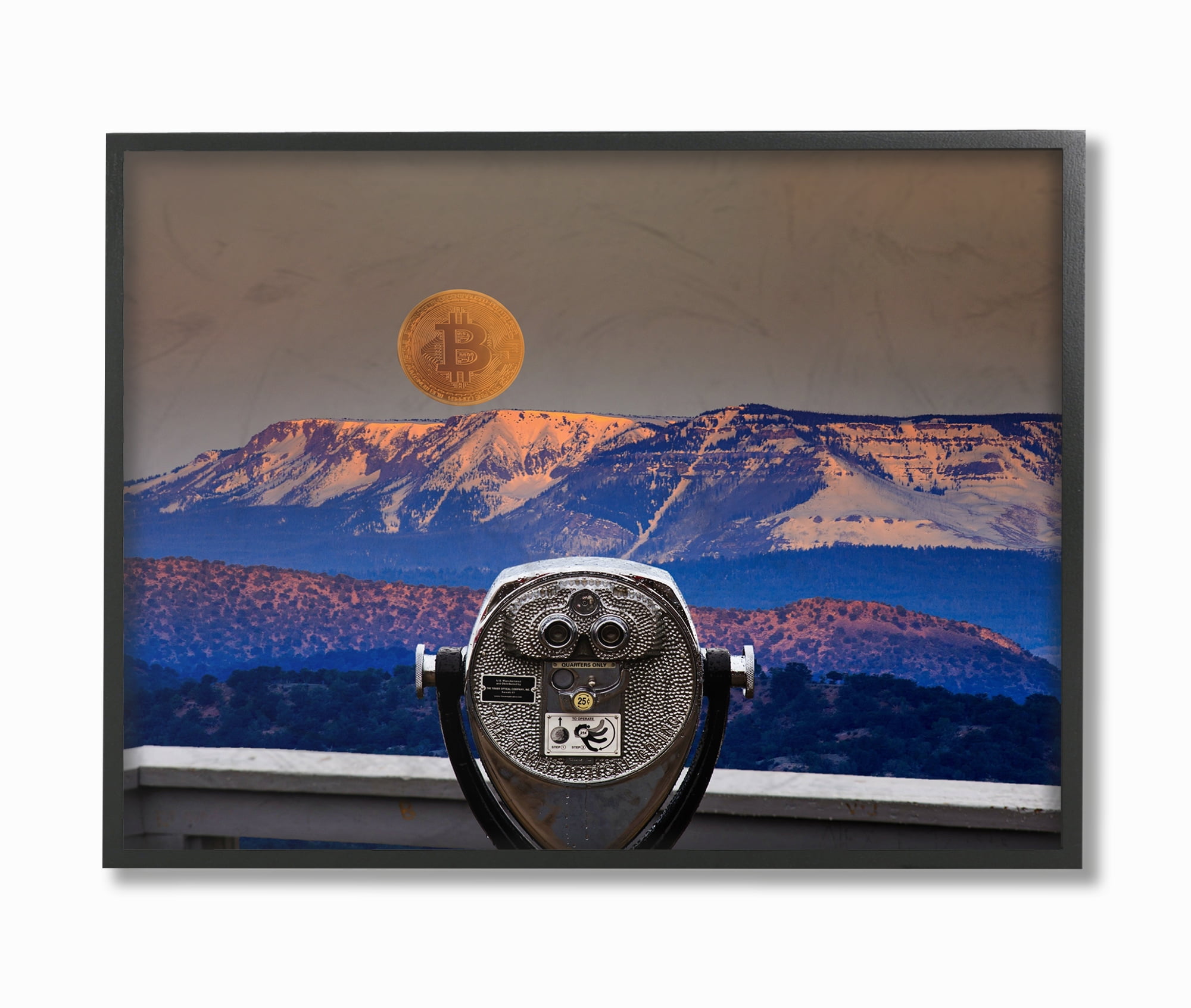 Stupell Industries Bitcoin on the Horizon Landscape Painting Black Framed Art Print Wall Art, 11 x 14