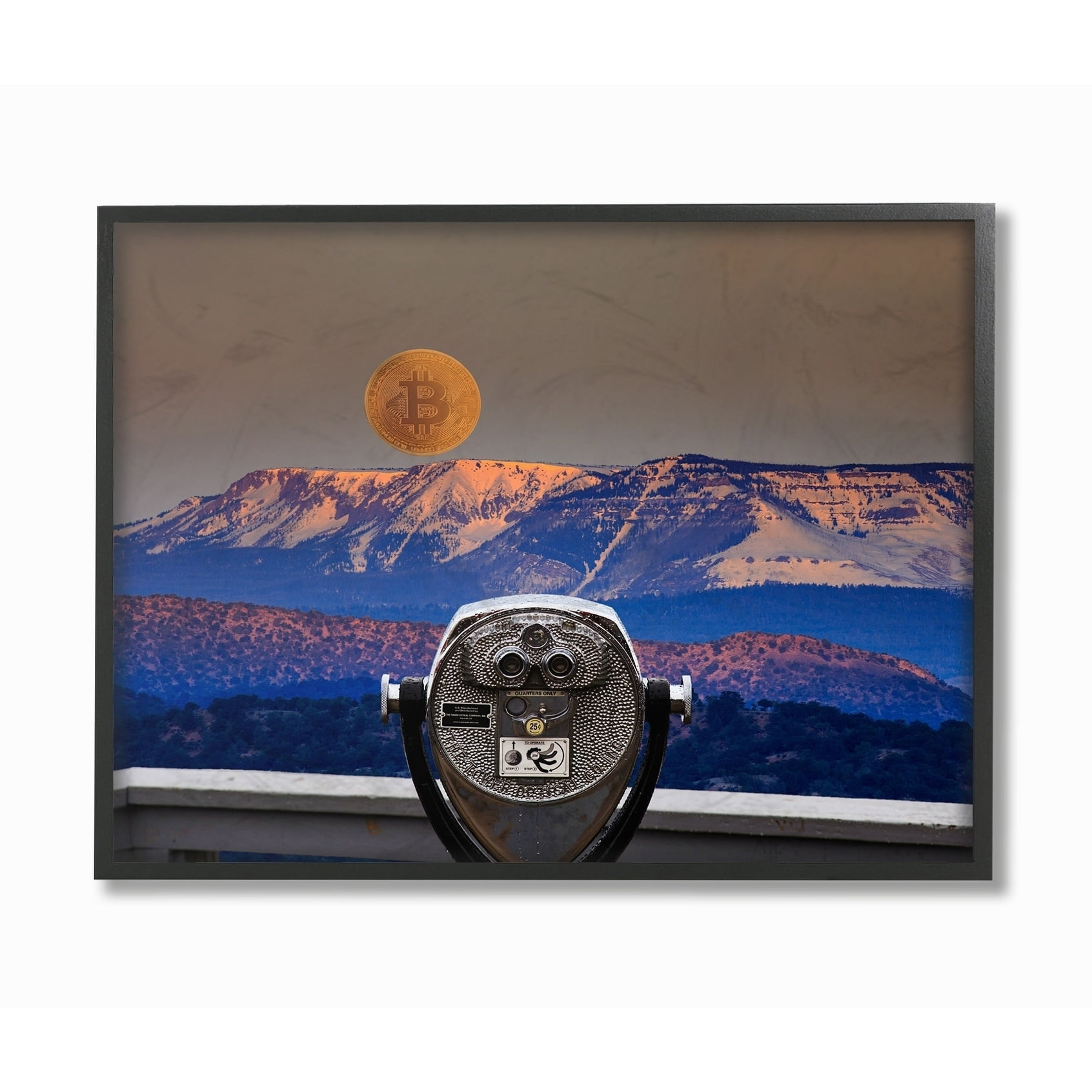 Stupell Industries Bitcoin on the Horizon Landscape Painting Black Framed Art Print Wall Art, 16 x 20