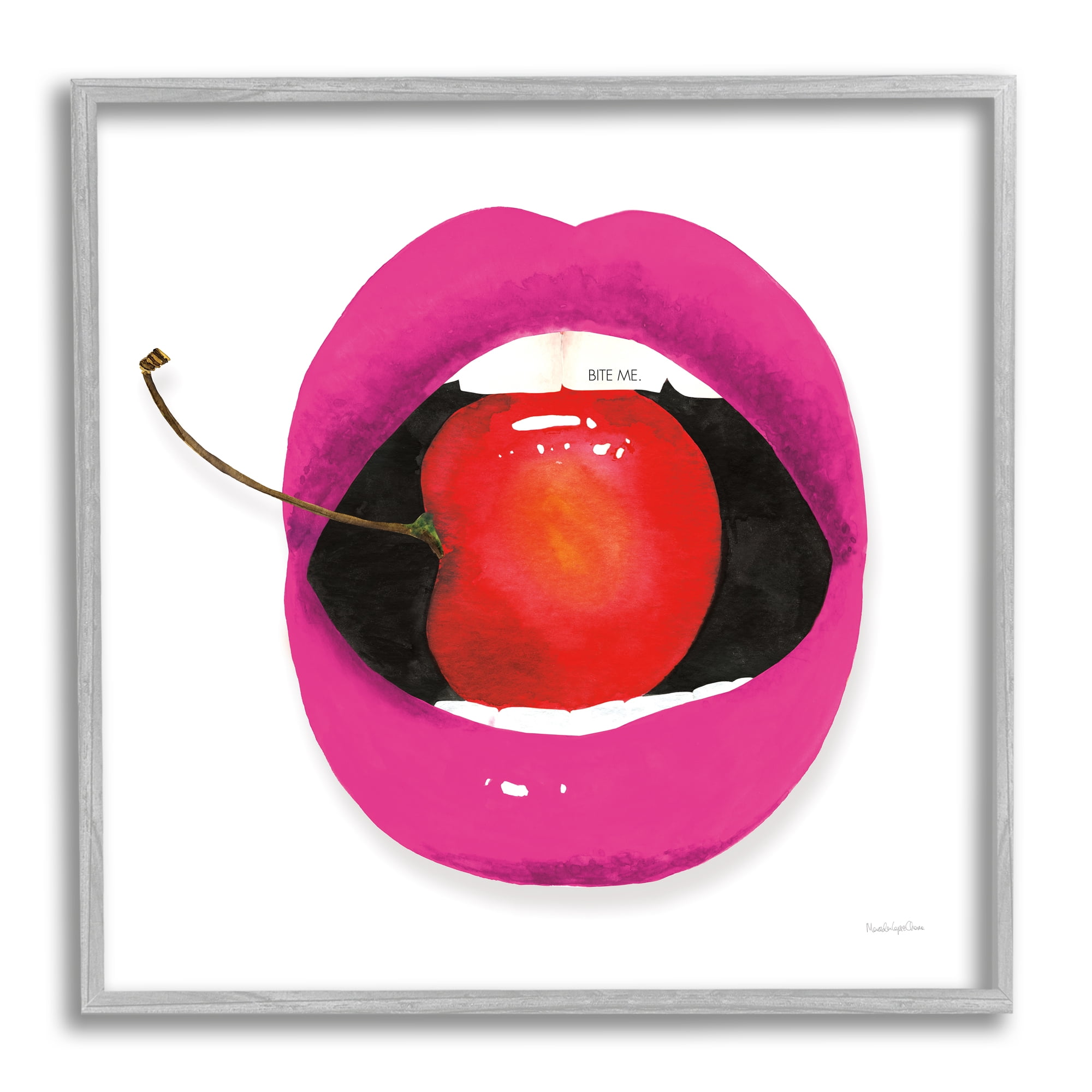 Stupell Industries Biting Cherry Lips Food & Beverage Painting Gray Framed Art Print Wall Art, 12 x 12