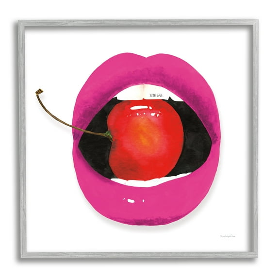 Stupell Industries Biting Cherry Lips Food & Beverage Painting Gray Framed Art Print Wall Art, 17 x 17