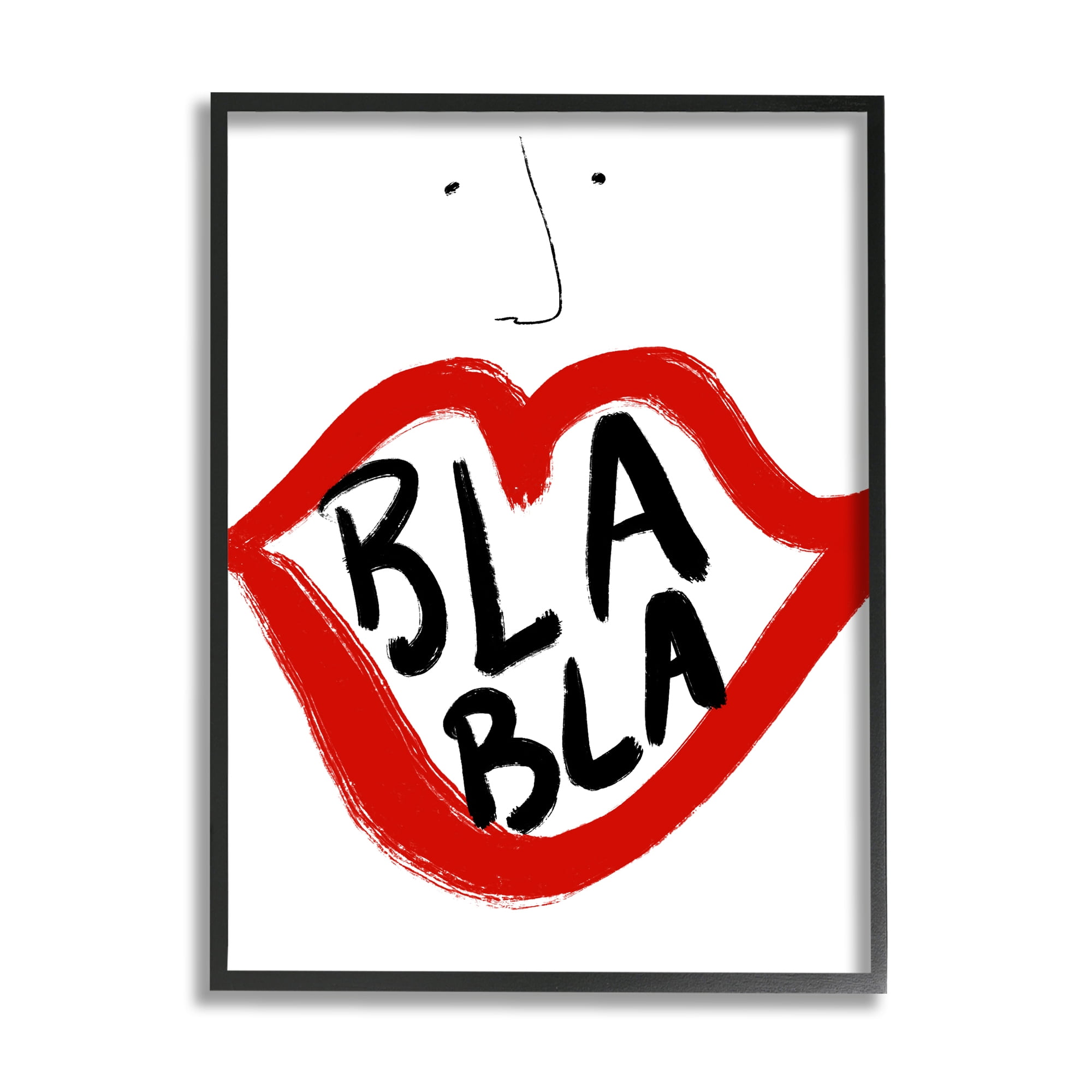 Stupell Industries Bla Bla Text Modern Face Bold Red Lips Abstract Painting Black Framed Art Print Wall Art, 24 x 30
