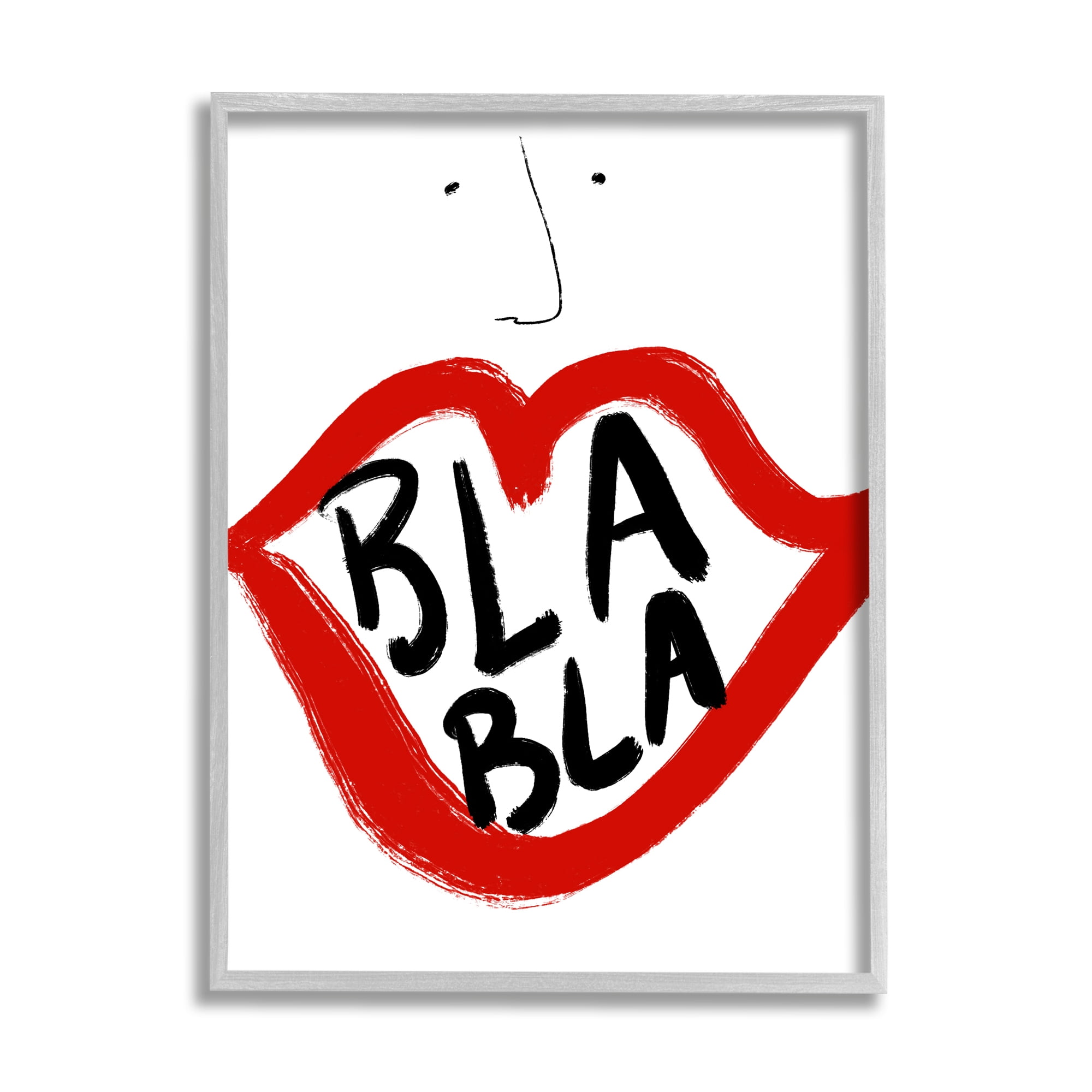 Stupell Industries Bla Bla Text Modern Face Bold Red Lips Abstract Painting Gray Framed Art Print Wall Art, 16 x 20