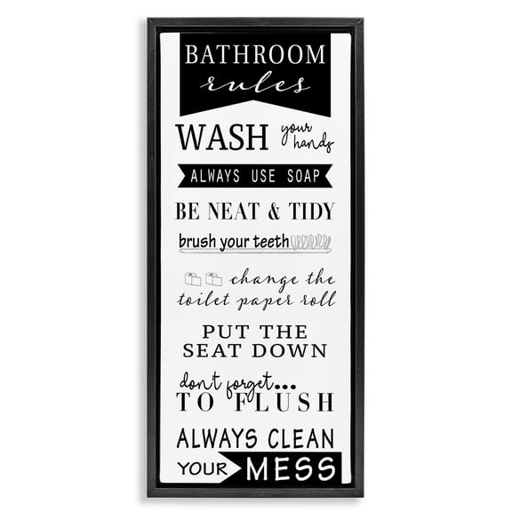 Stupell Industries Black Bathroom Rules Typography Painting Black Floater Framed Canvas Art Print Wall Art, 11 x 25